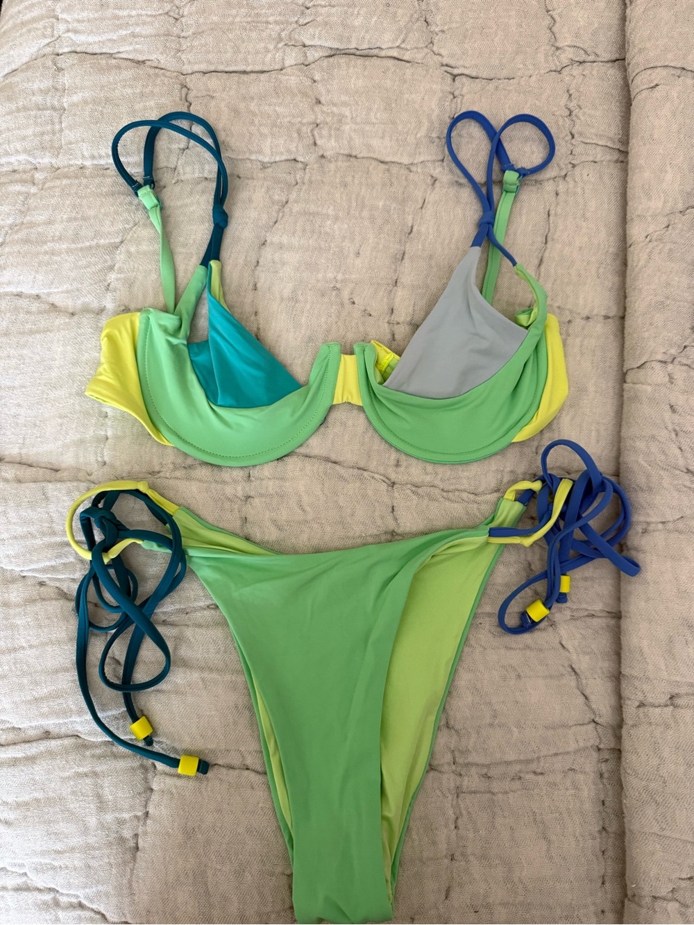 Women's Lime Green Multi-Tone Tie Bikini with Blue Accents